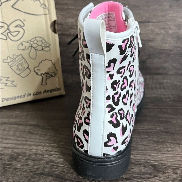 Skechers Big Girls Size 5 White & Pink Leopard Print Zip & Lace Up Moto Boot NEW - Picture 5 of 9
